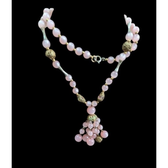 vintage Pink Beaded Necklace Gold Accents  Dangling Pendant 22 Lobster Clasp - Picture 1 of 9